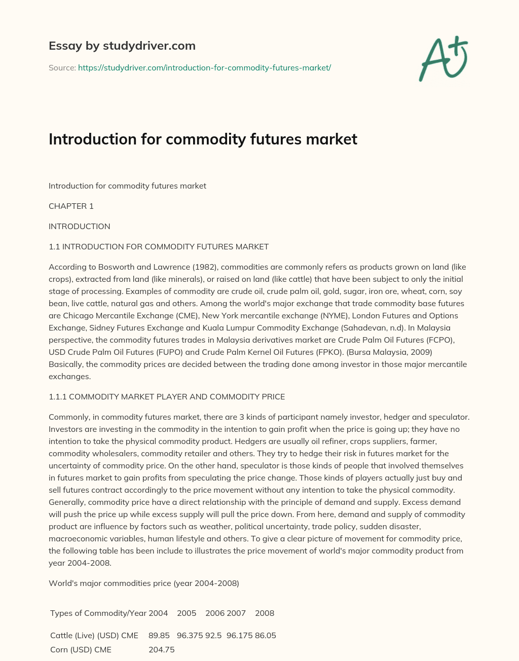 Introduction for Commodity Futures Market essay
