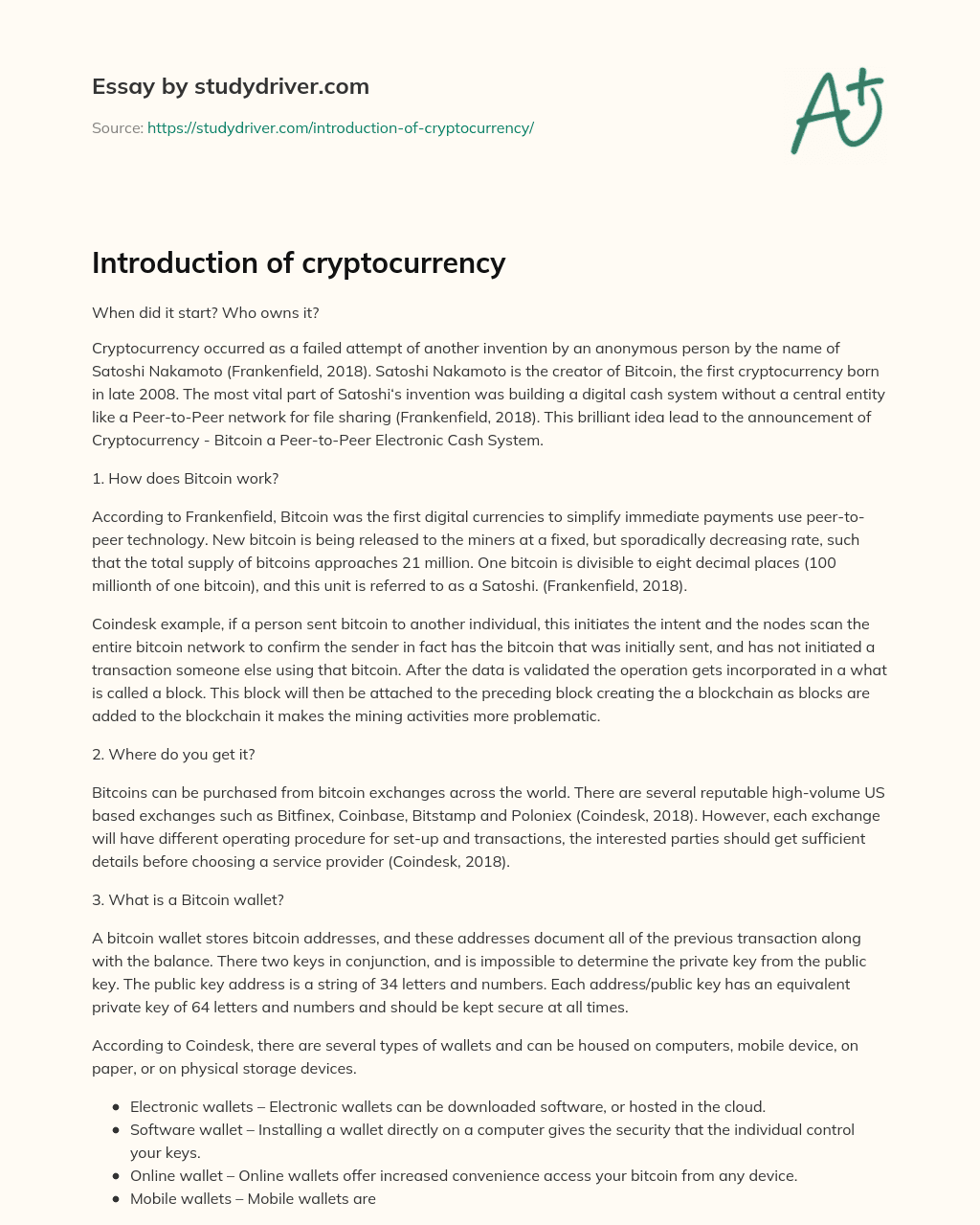 Introduction of Cryptocurrency essay