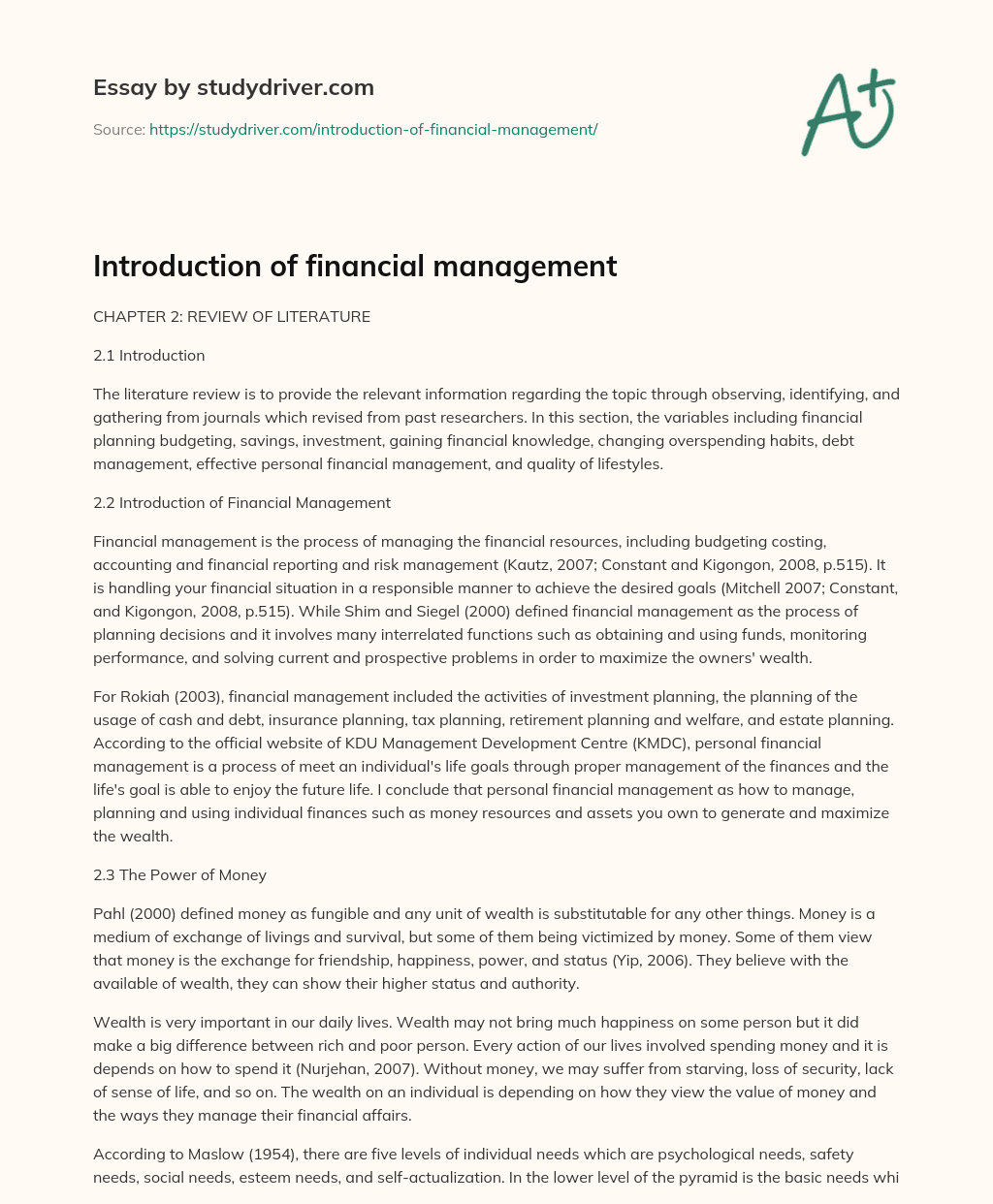 Introduction of Financial Management essay