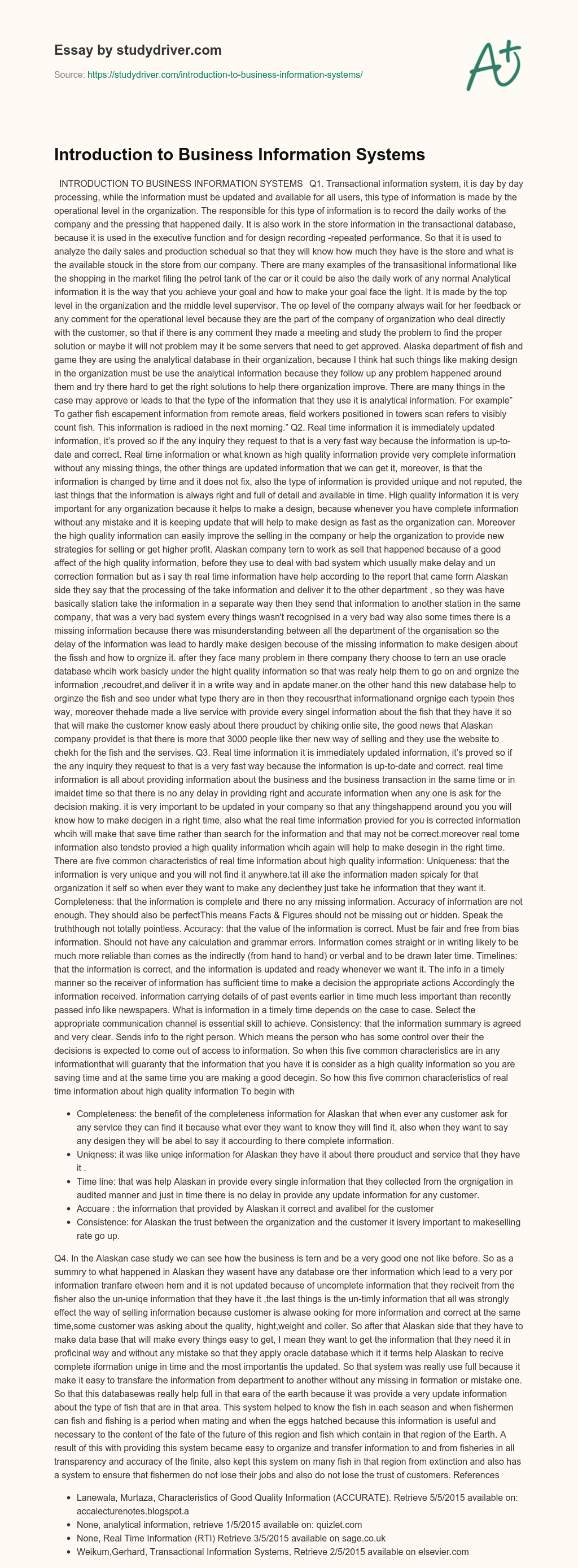 Introduction to Business Information Systems essay