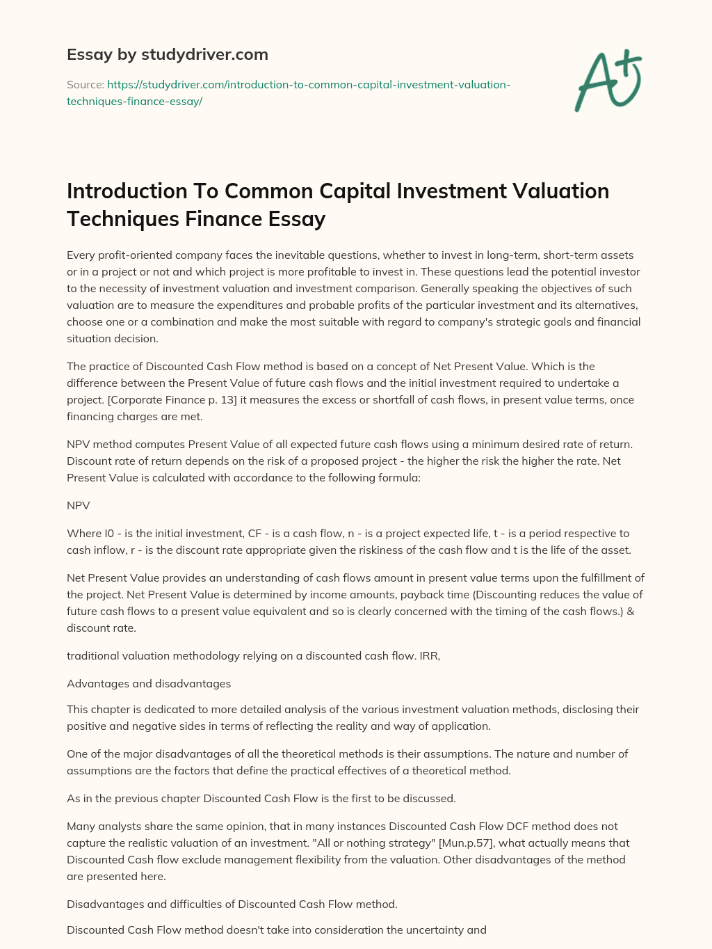 Introduction to Common Capital Investment Valuation Techniques Finance Essay essay