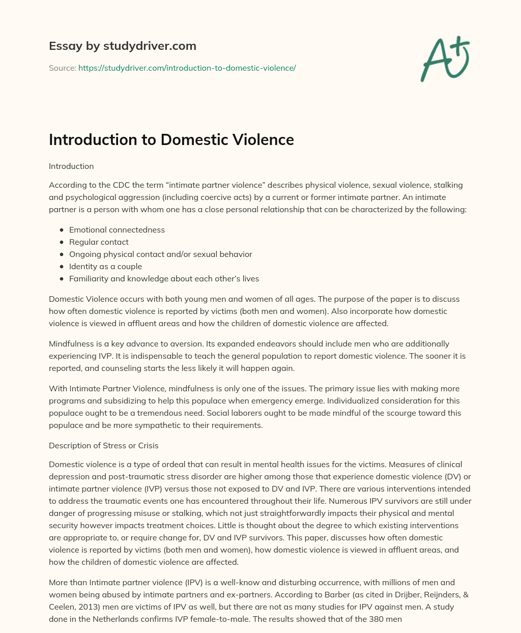 Introduction to Domestic Violence essay