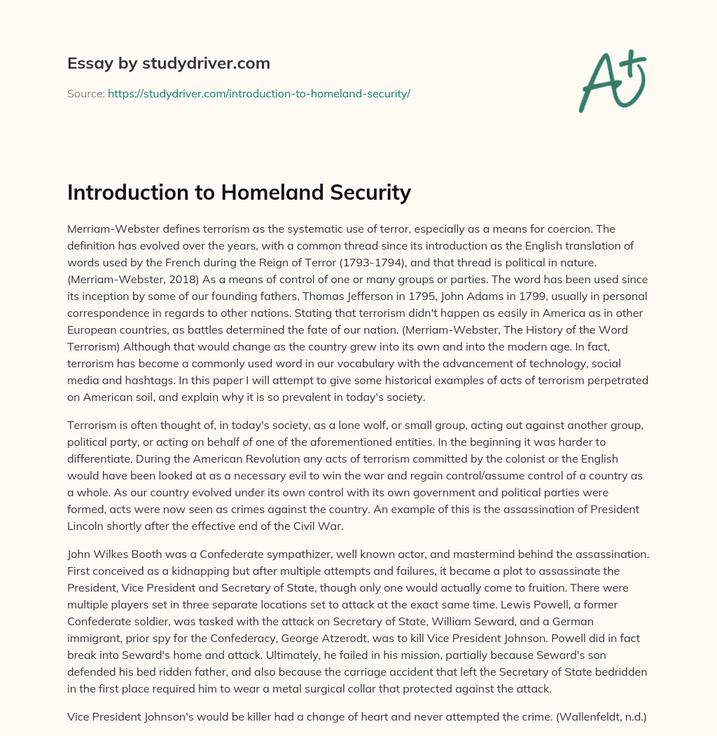 Introduction to Homeland Security essay
