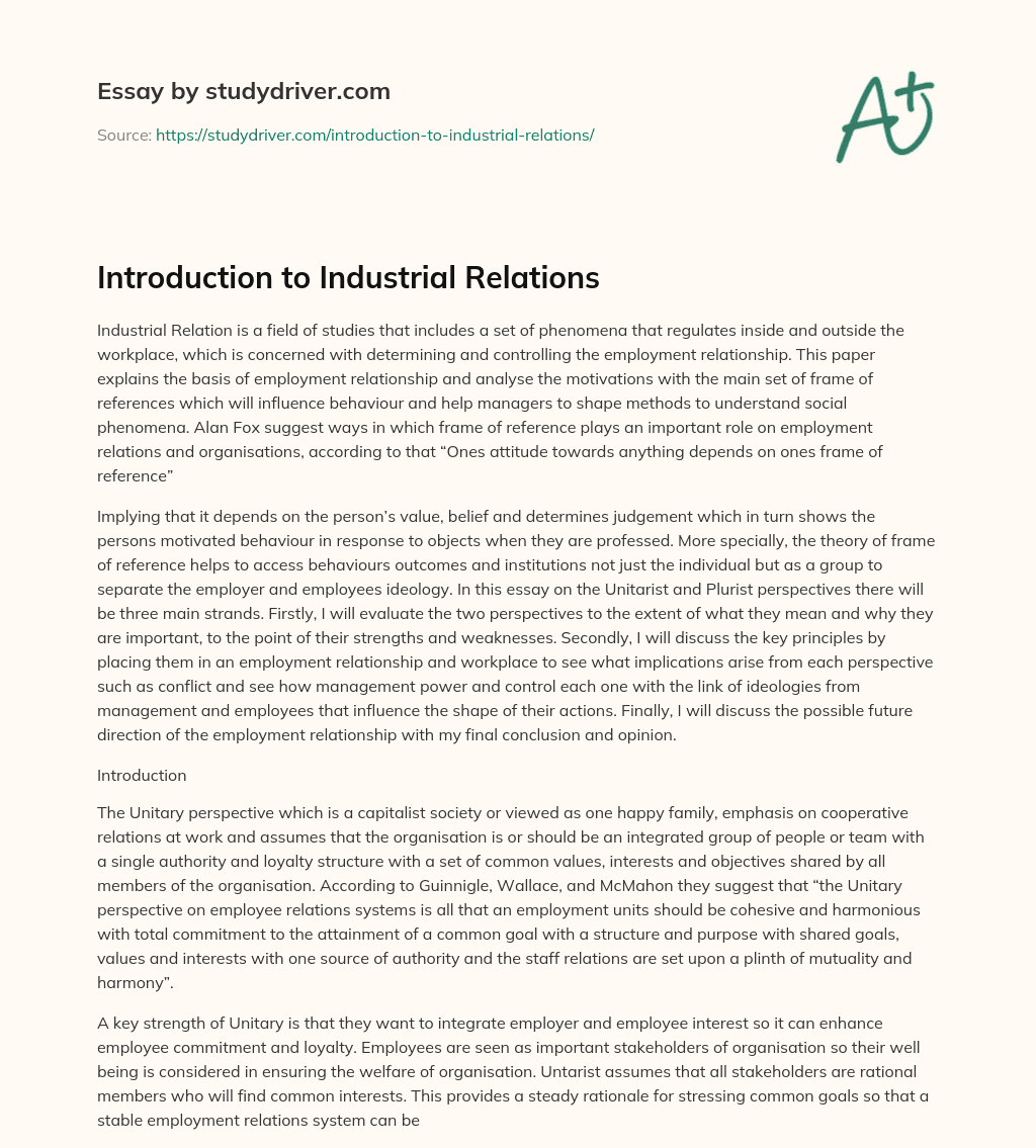 Introduction to Industrial Relations essay