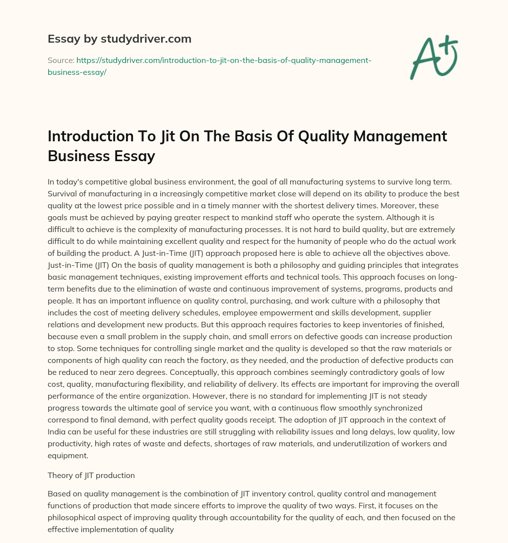 Introduction to Jit on the Basis of Quality Management Business Essay essay