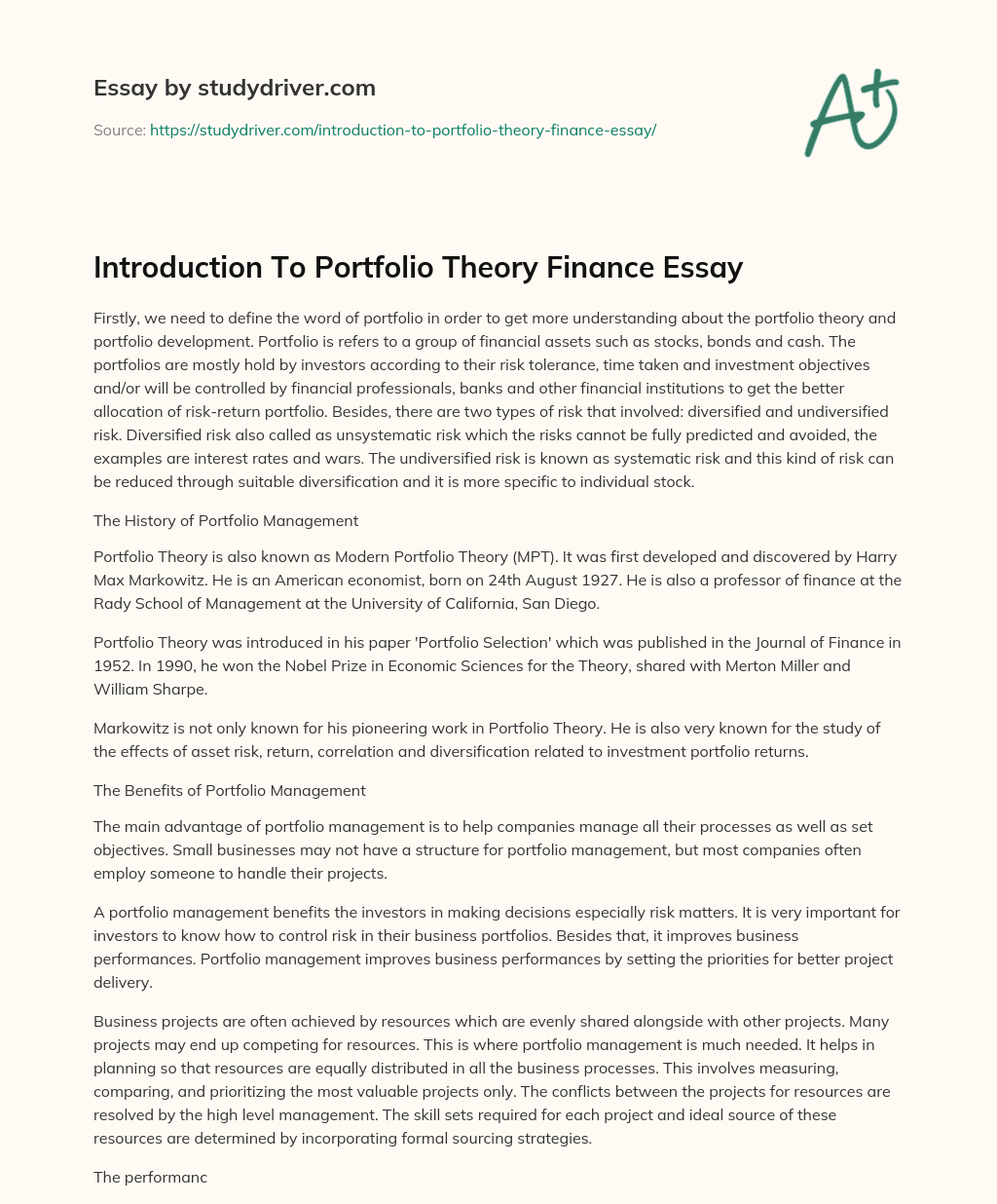 Introduction to Portfolio Theory Finance Essay essay