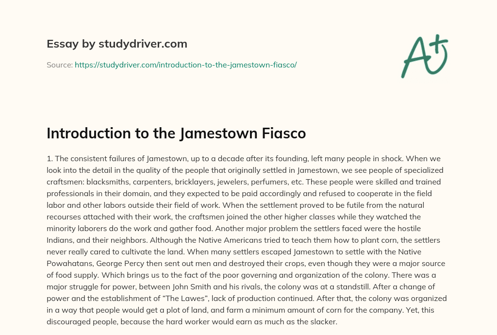 Introduction to the Jamestown Fiasco essay