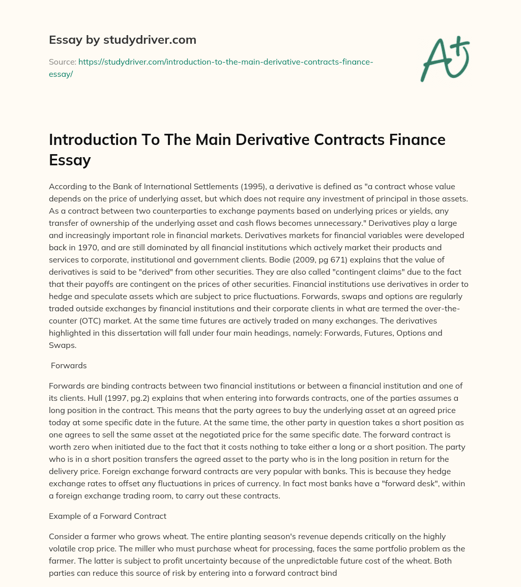 Introduction to the Main Derivative Contracts Finance Essay essay