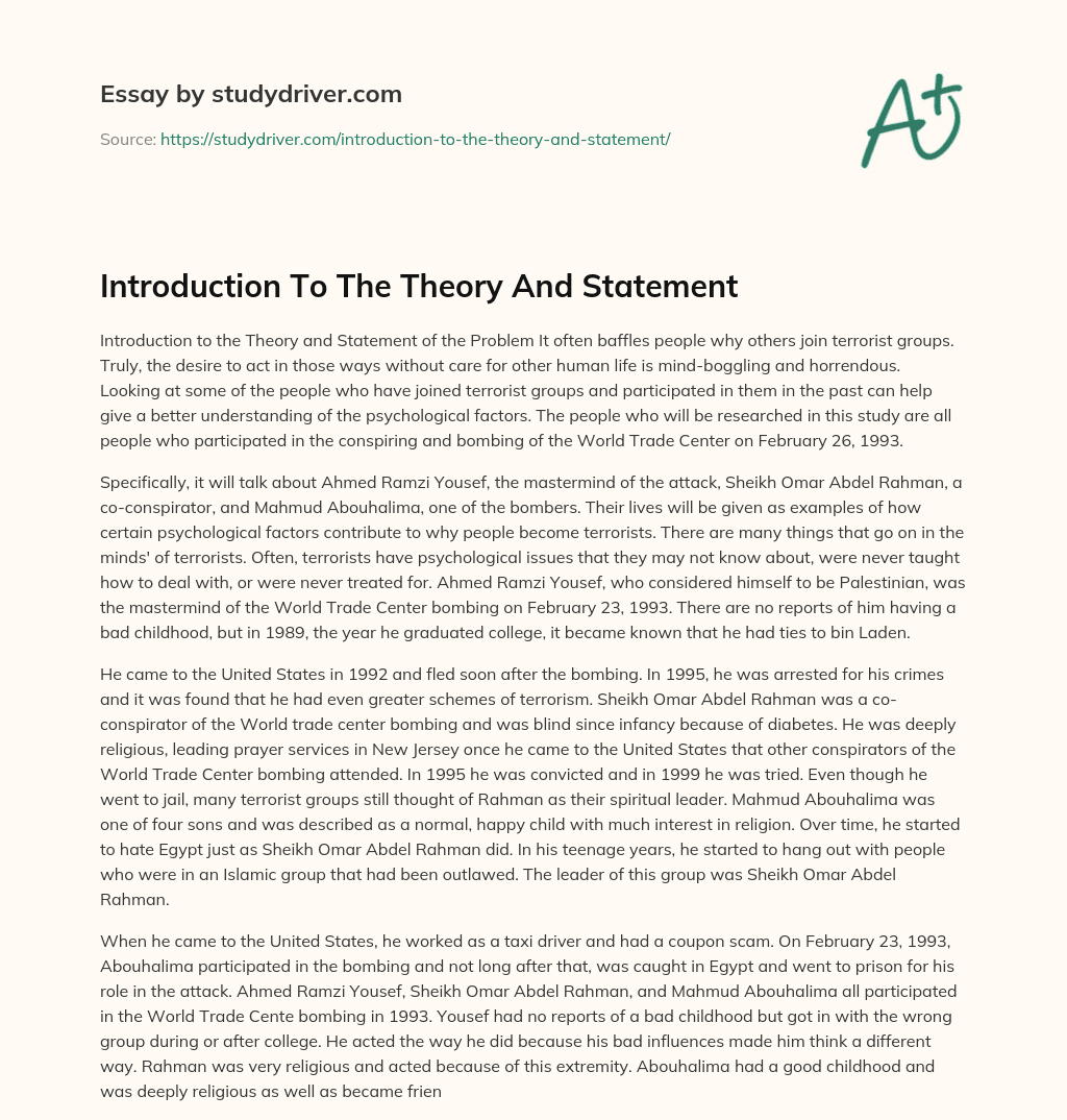 Introduction to the Theory and Statement essay