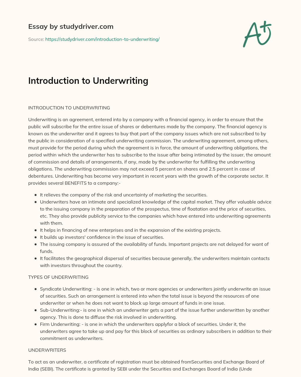 Introduction to Underwriting essay