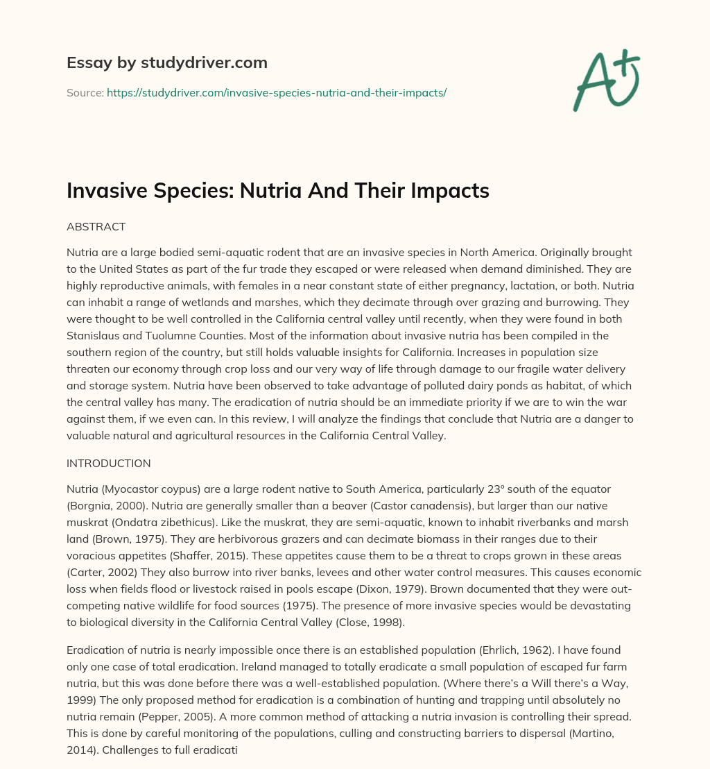Invasive Species: Nutria and their Impacts essay