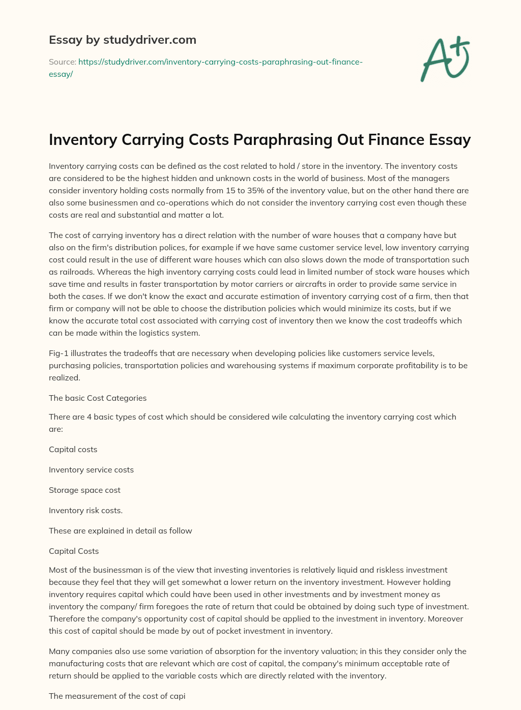 Inventory Carrying Costs Paraphrasing out Finance Essay essay