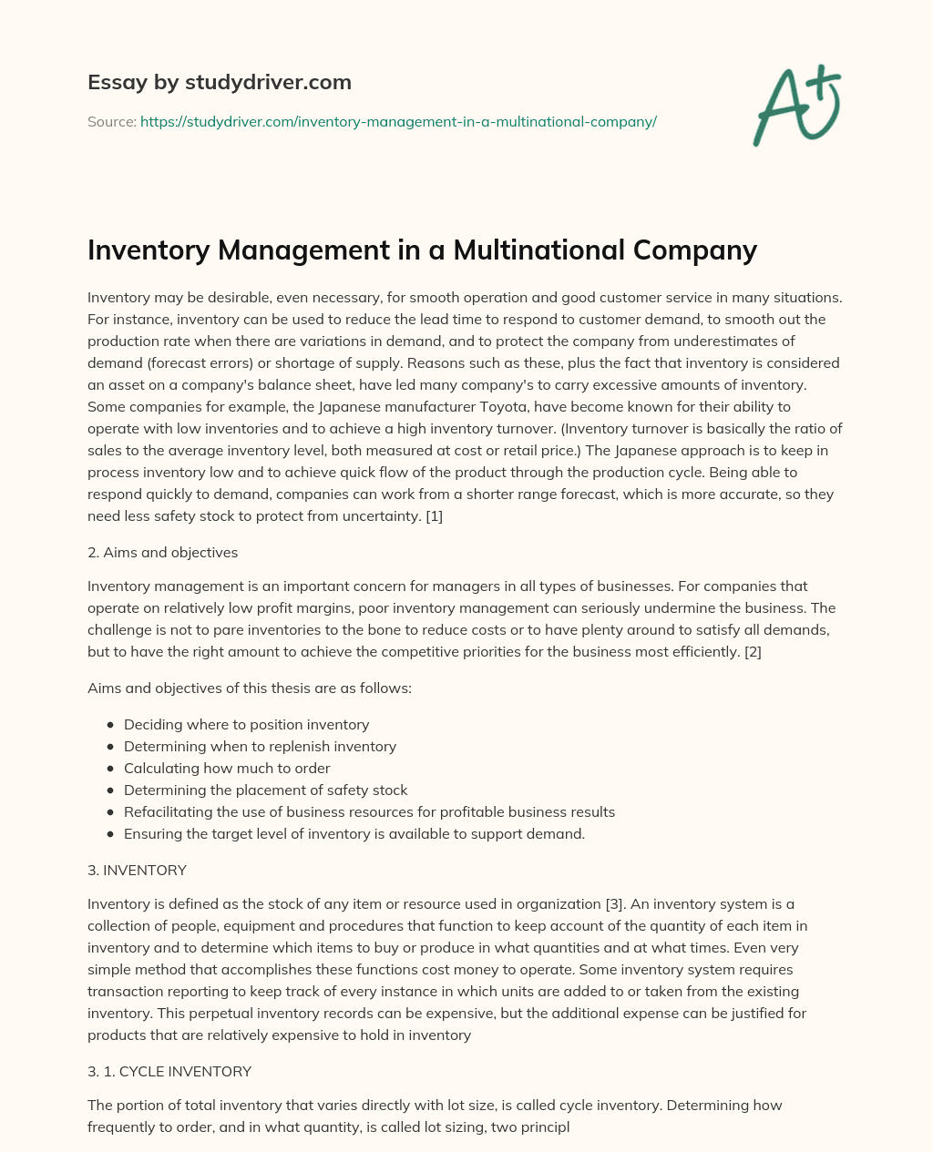 Inventory Management in a Multinational Company essay