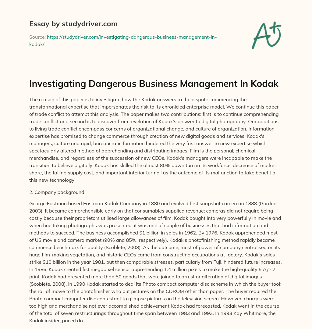 Investigating Dangerous Business Management in Kodak essay