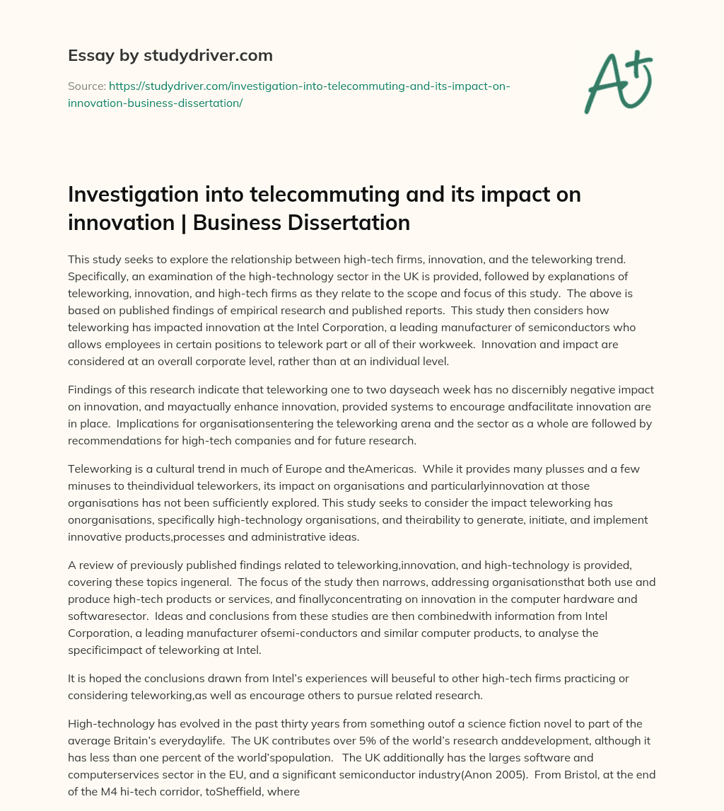 Investigation into Telecommuting and its Impact on Innovation | Business Dissertation essay