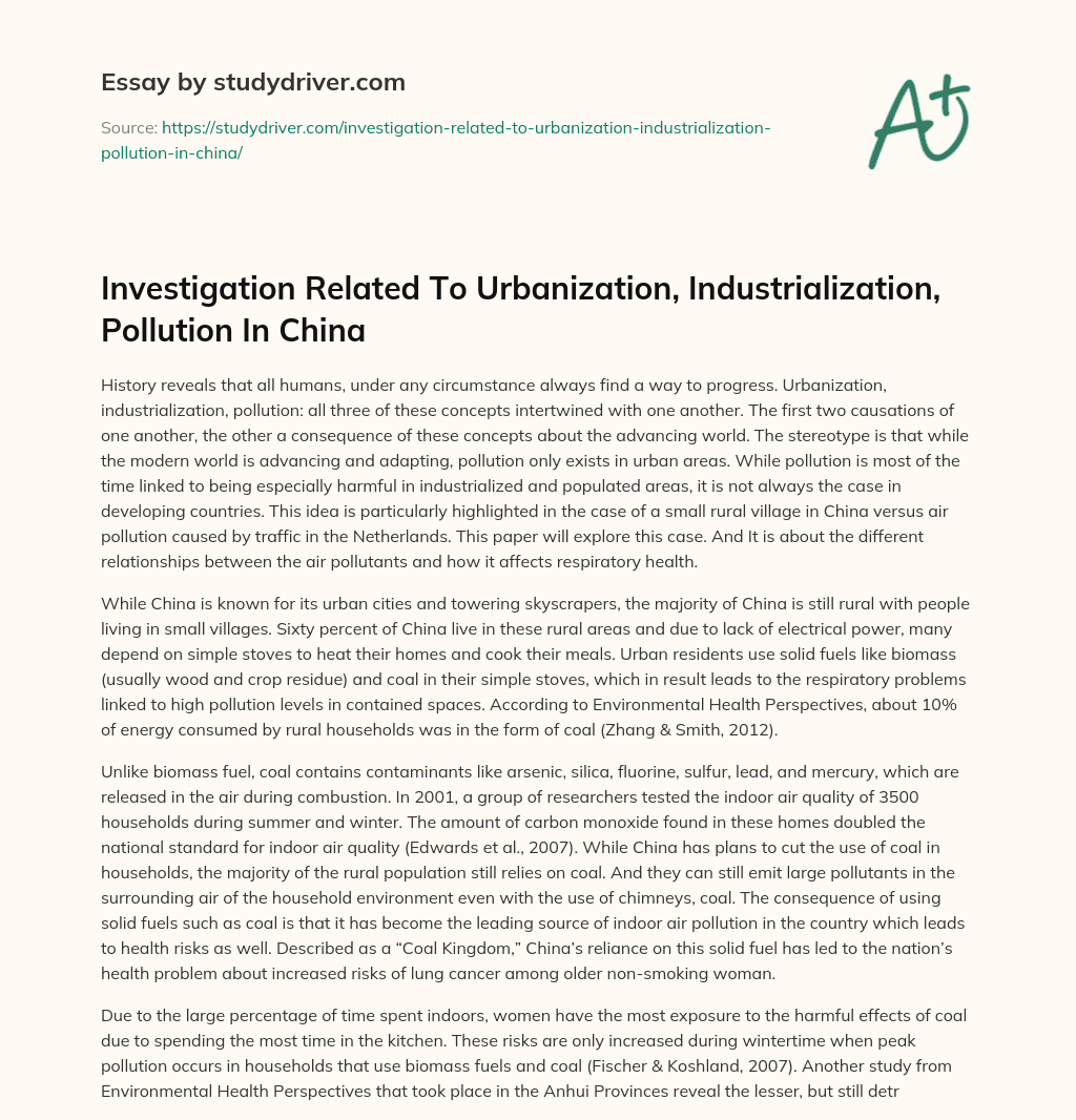 Investigation Related to Urbanization, Industrialization, Pollution in China essay