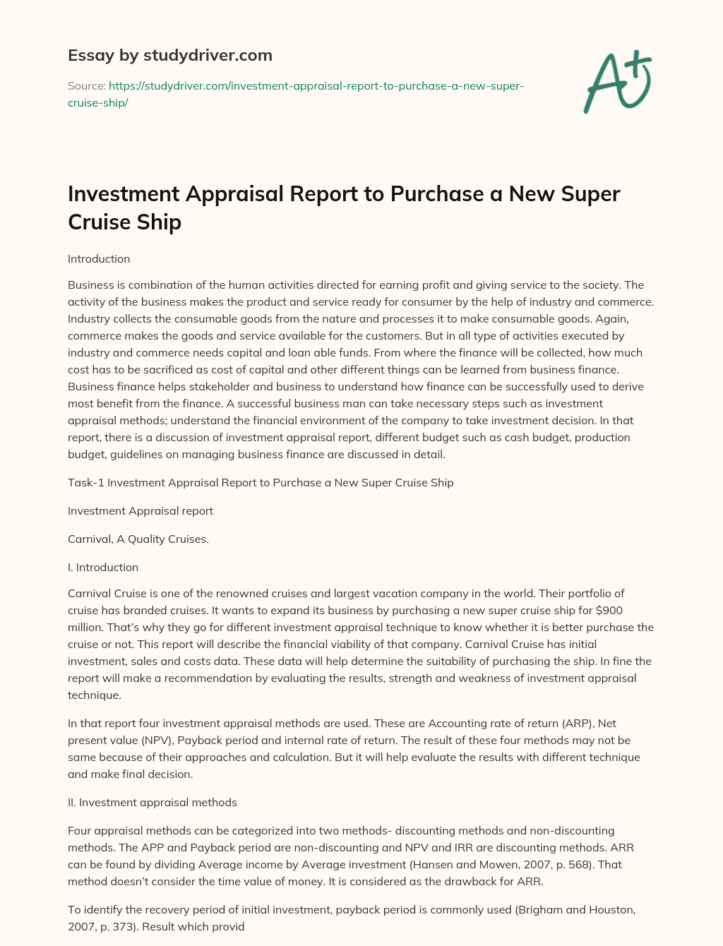 Investment Appraisal Report to Purchase a New Super Cruise Ship essay