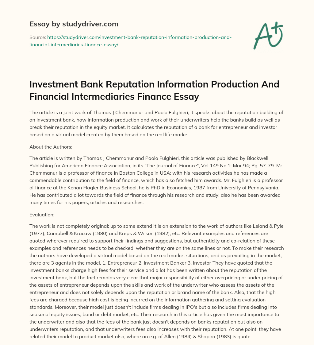 Investment Bank Reputation Information Production and Financial Intermediaries Finance Essay essay
