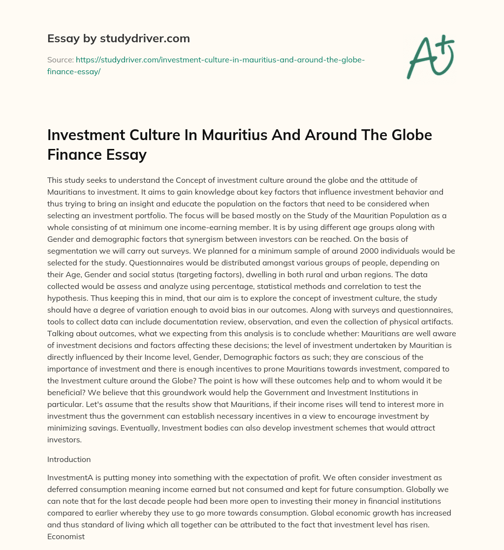 Investment Culture in Mauritius and Around the Globe Finance Essay essay