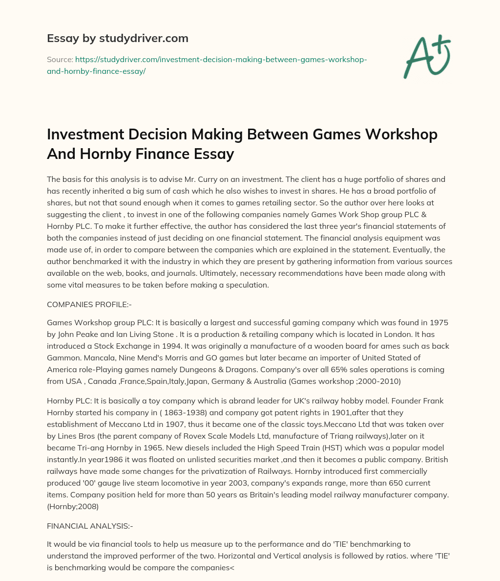 Investment Decision Making between Games Workshop and Hornby Finance Essay essay