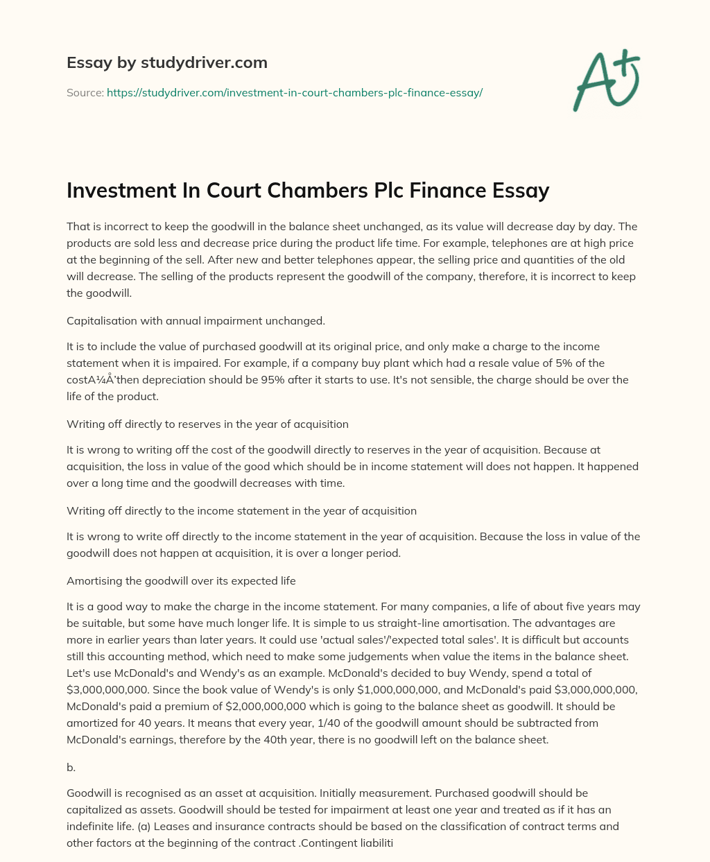 Investment in Court Chambers Plc Finance Essay essay