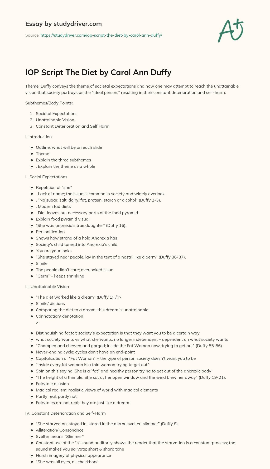 IOP Script the Diet by Carol Ann Duffy essay