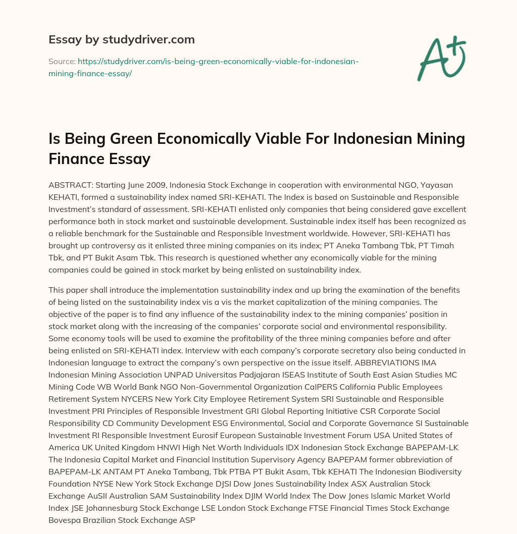 Is being Green Economically Viable for Indonesian Mining Finance Essay essay