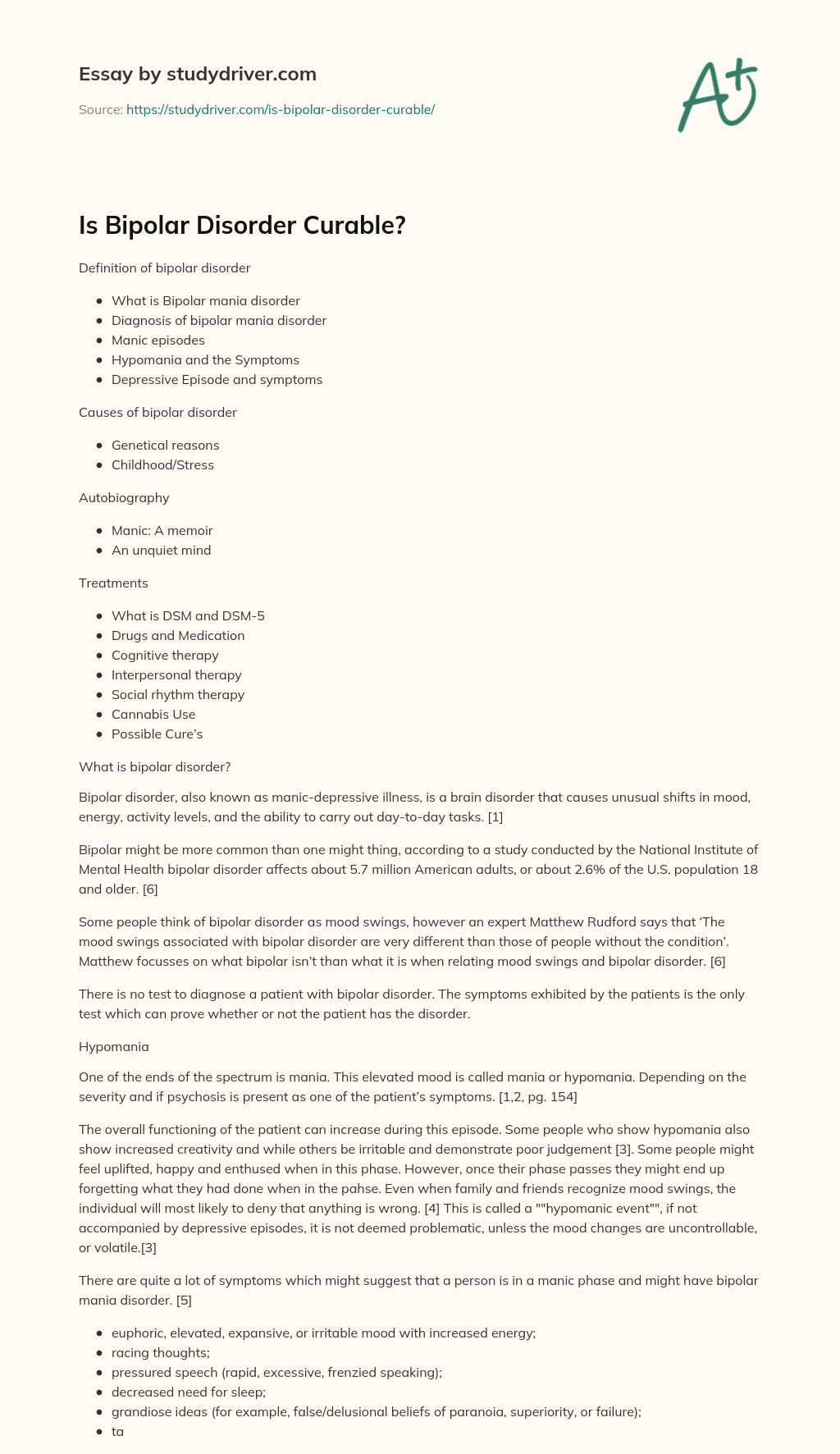 Is Bipolar Disorder Curable? essay