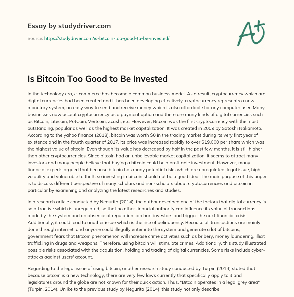 Is Bitcoin too Good to be Invested essay