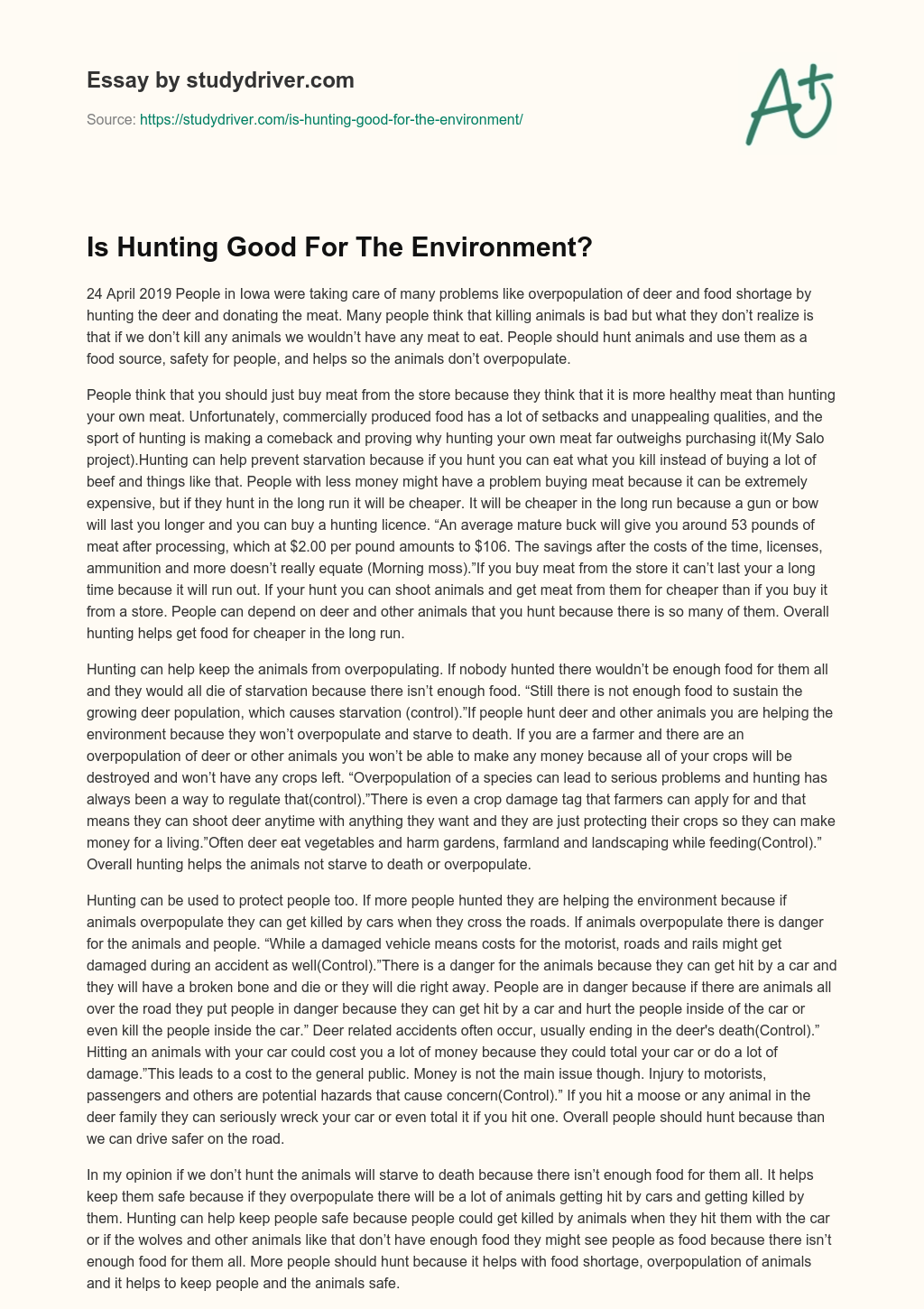 Is Hunting Good for the Environment? essay
