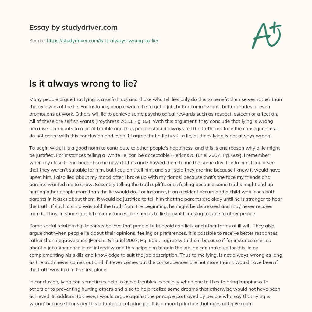 Is it Always Wrong to Lie? essay