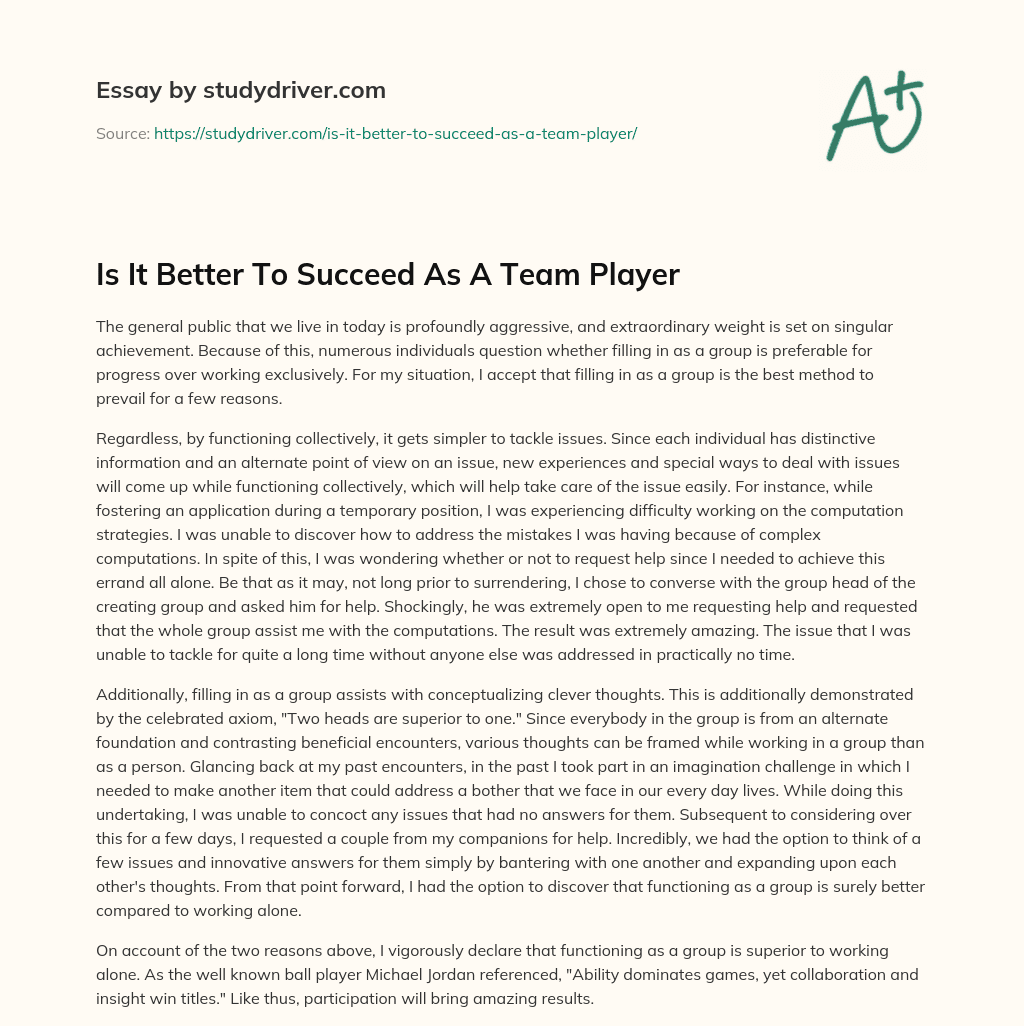 Is it Better to Succeed as a Team Player essay