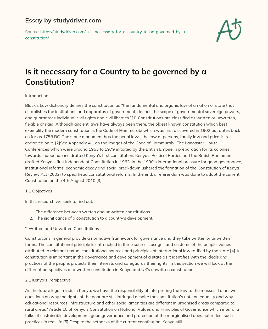 Is it Necessary for a Country to be Governed by a Constitution? essay