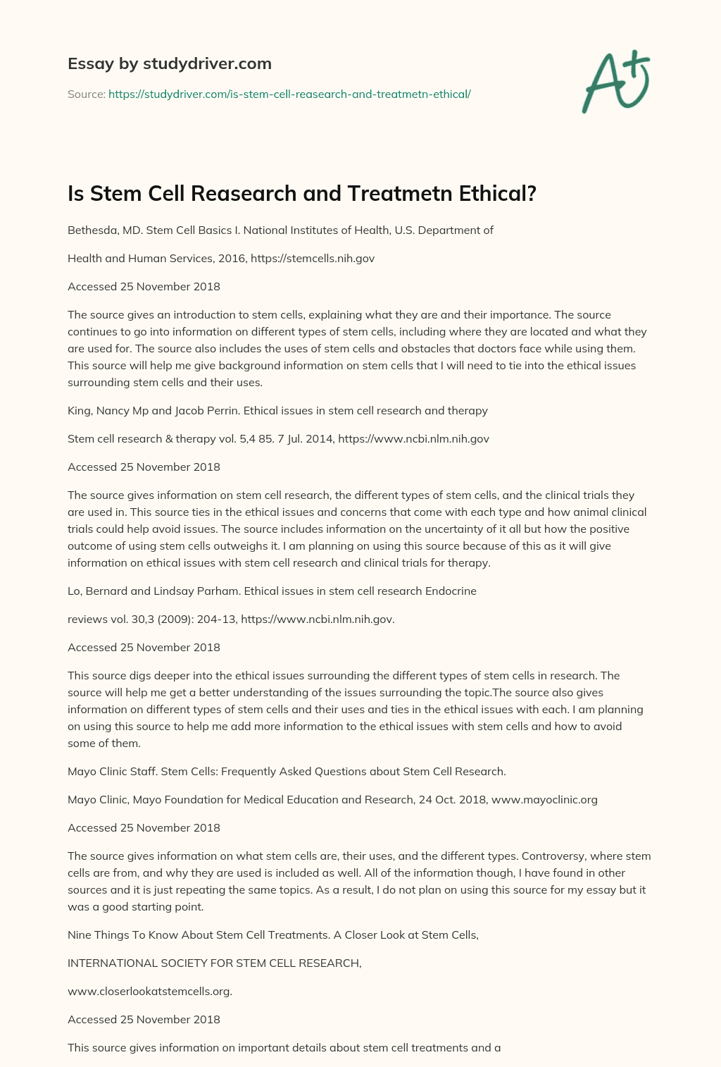 Is Stem Cell Reasearch and Treatmetn Ethical? essay