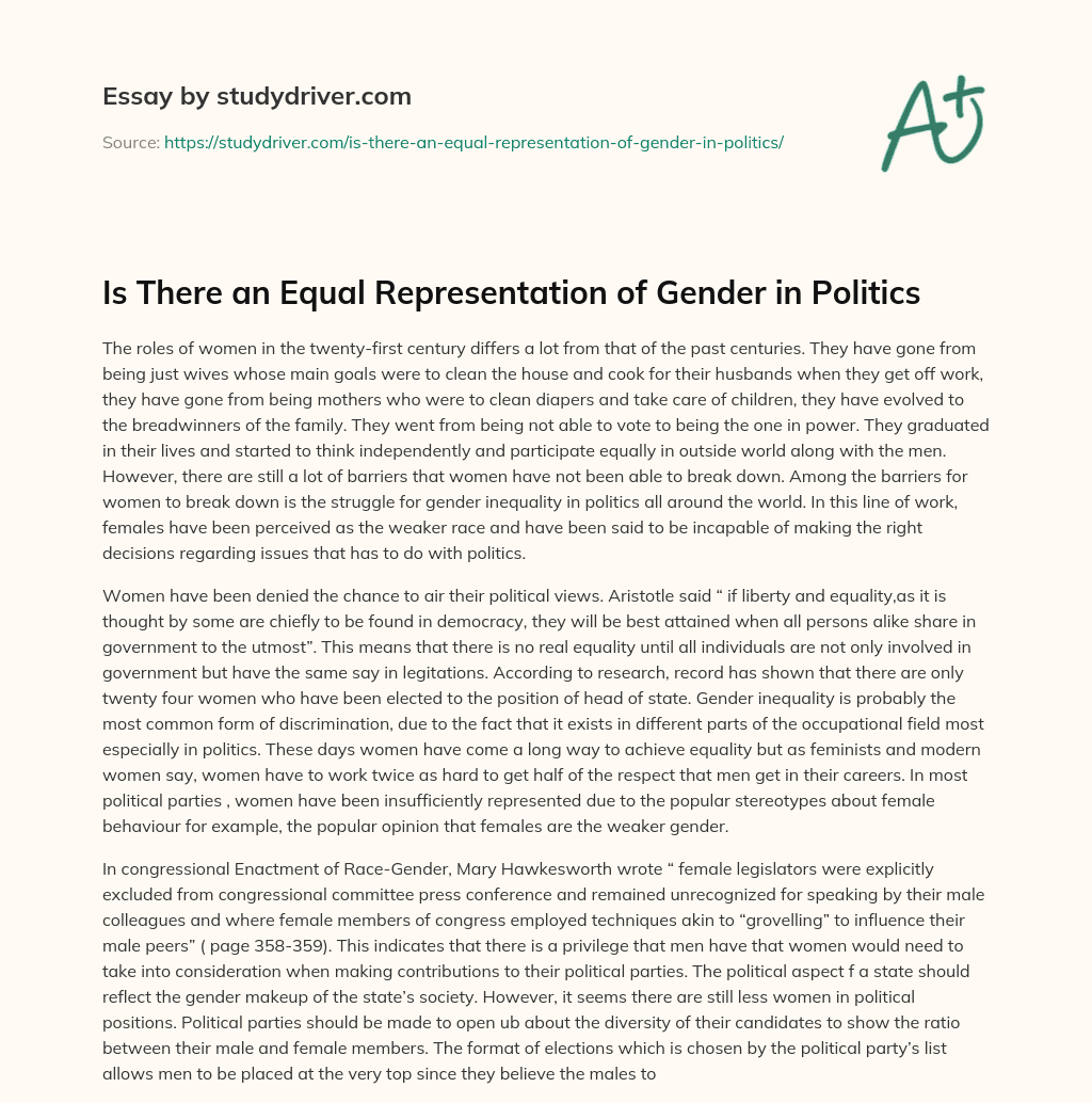 Is there an Equal Representation of Gender in Politics essay