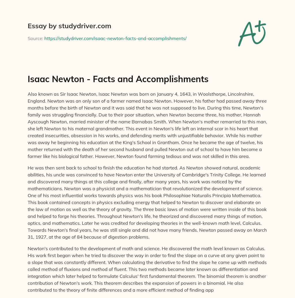 Isaac Newton – Facts and Accomplishments essay