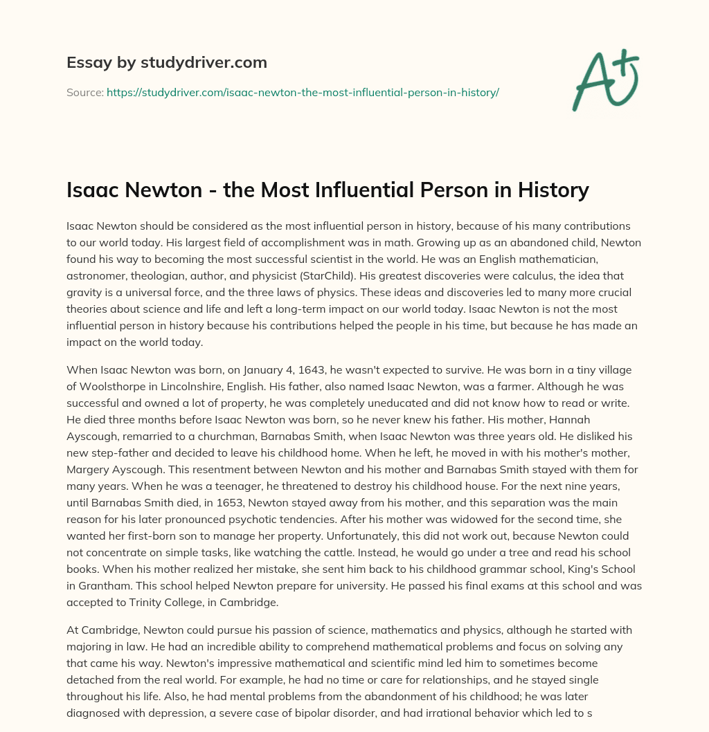 Isaac Newton – the most Influential Person in History essay