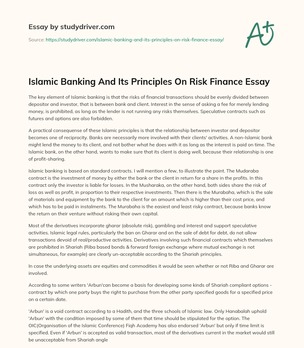 Islamic Banking and its Principles on Risk Finance Essay essay