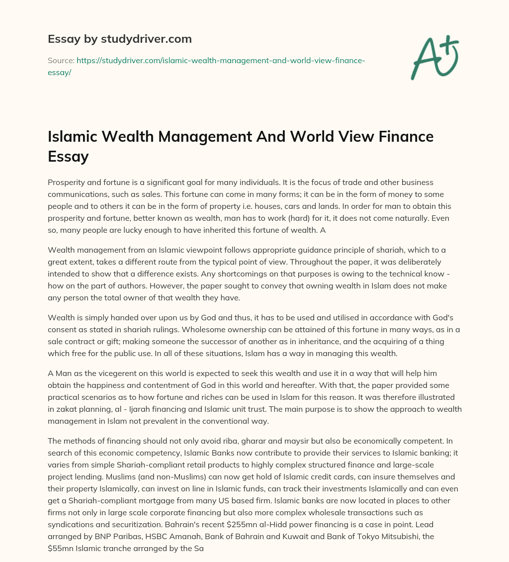 Islamic Wealth Management and World View Finance Essay essay