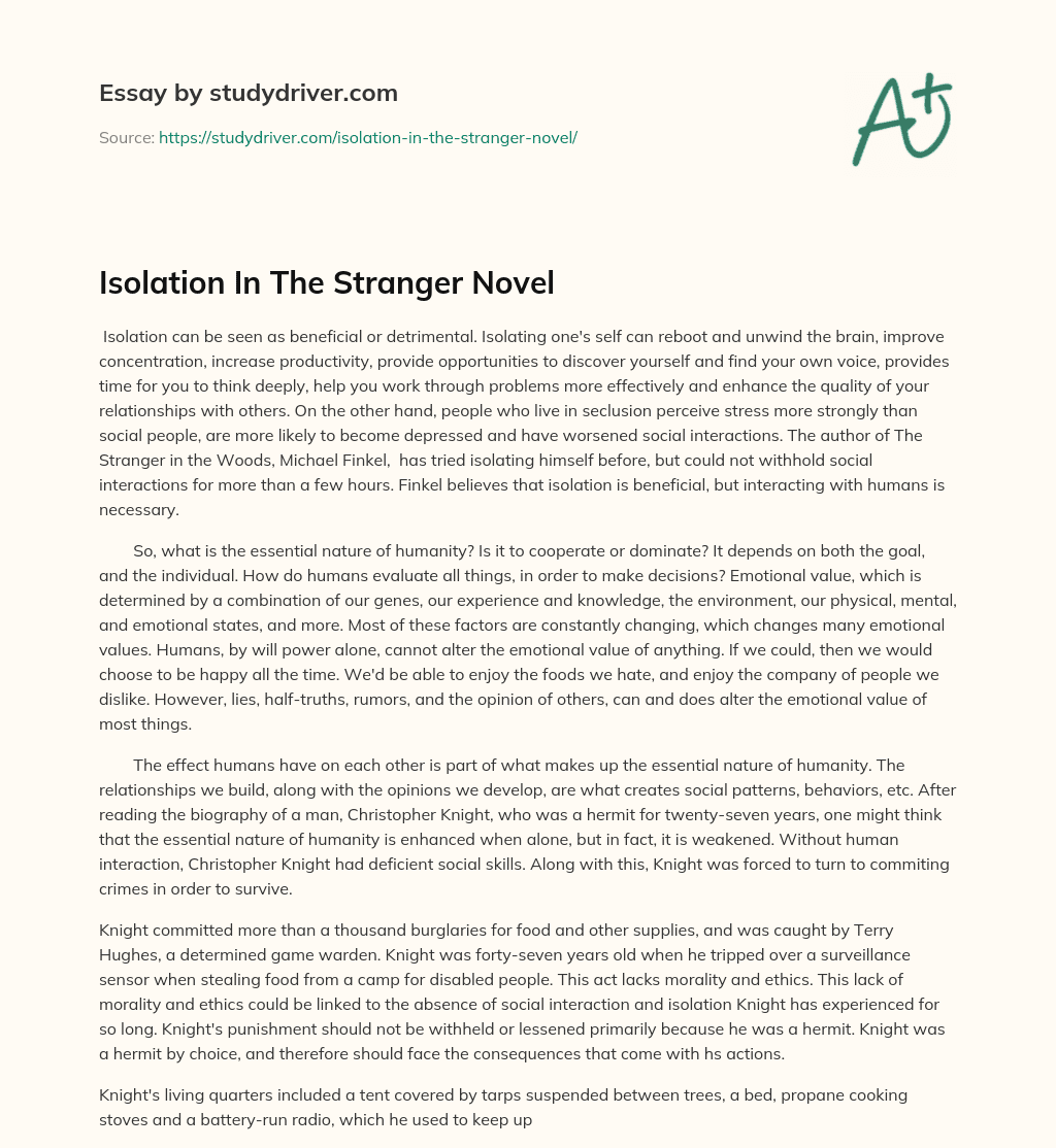 Isolation in the Stranger Novel essay