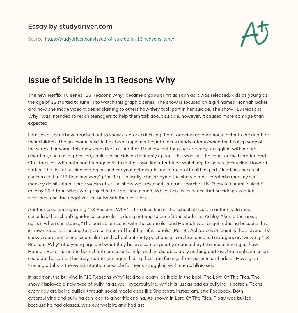 Issue of Suicide in 13 Reasons why essay