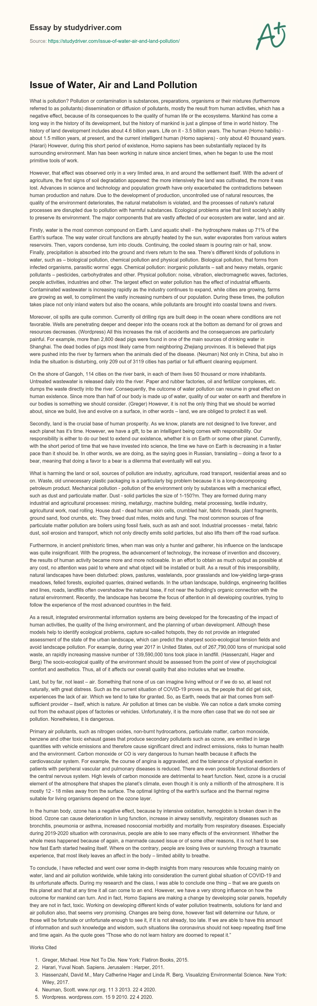 Issue of Water, Air and Land Pollution essay