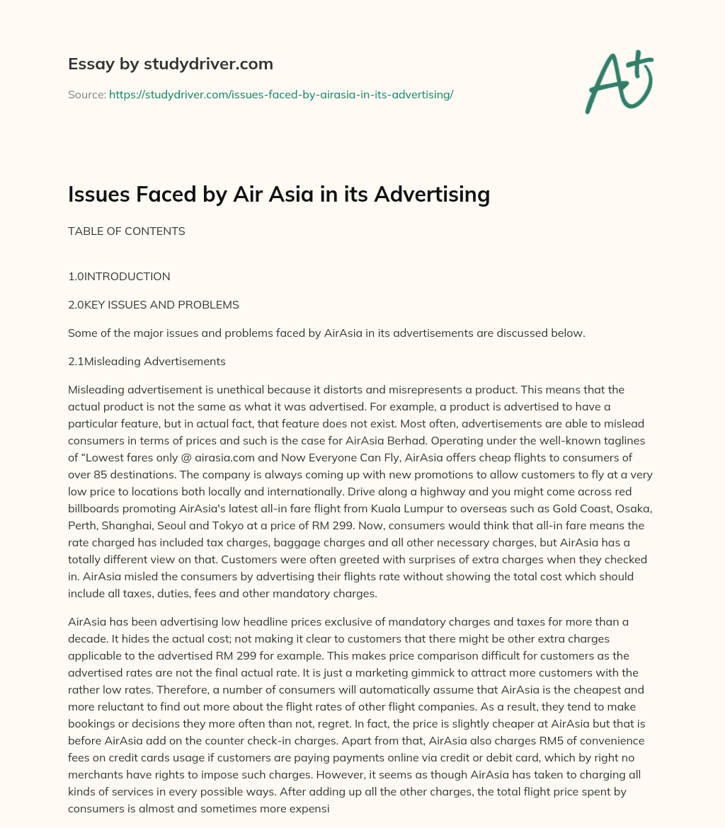 Issues Faced by Air Asia in its Advertising essay