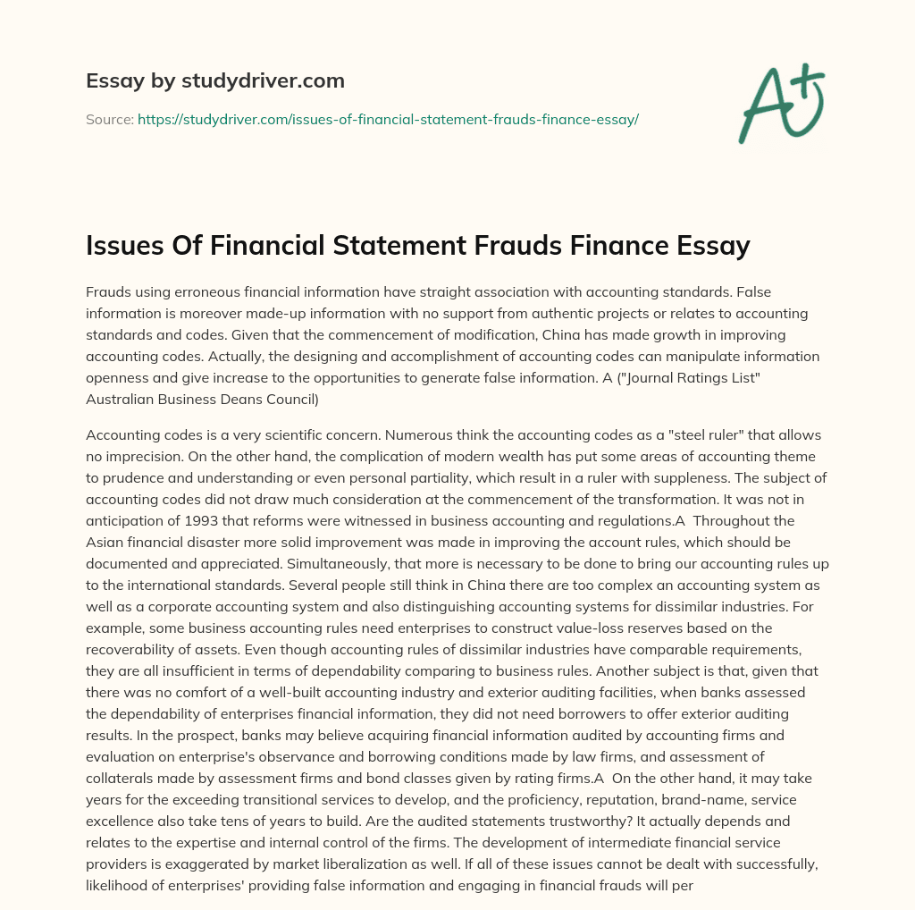 Issues of Financial Statement Frauds Finance Essay essay