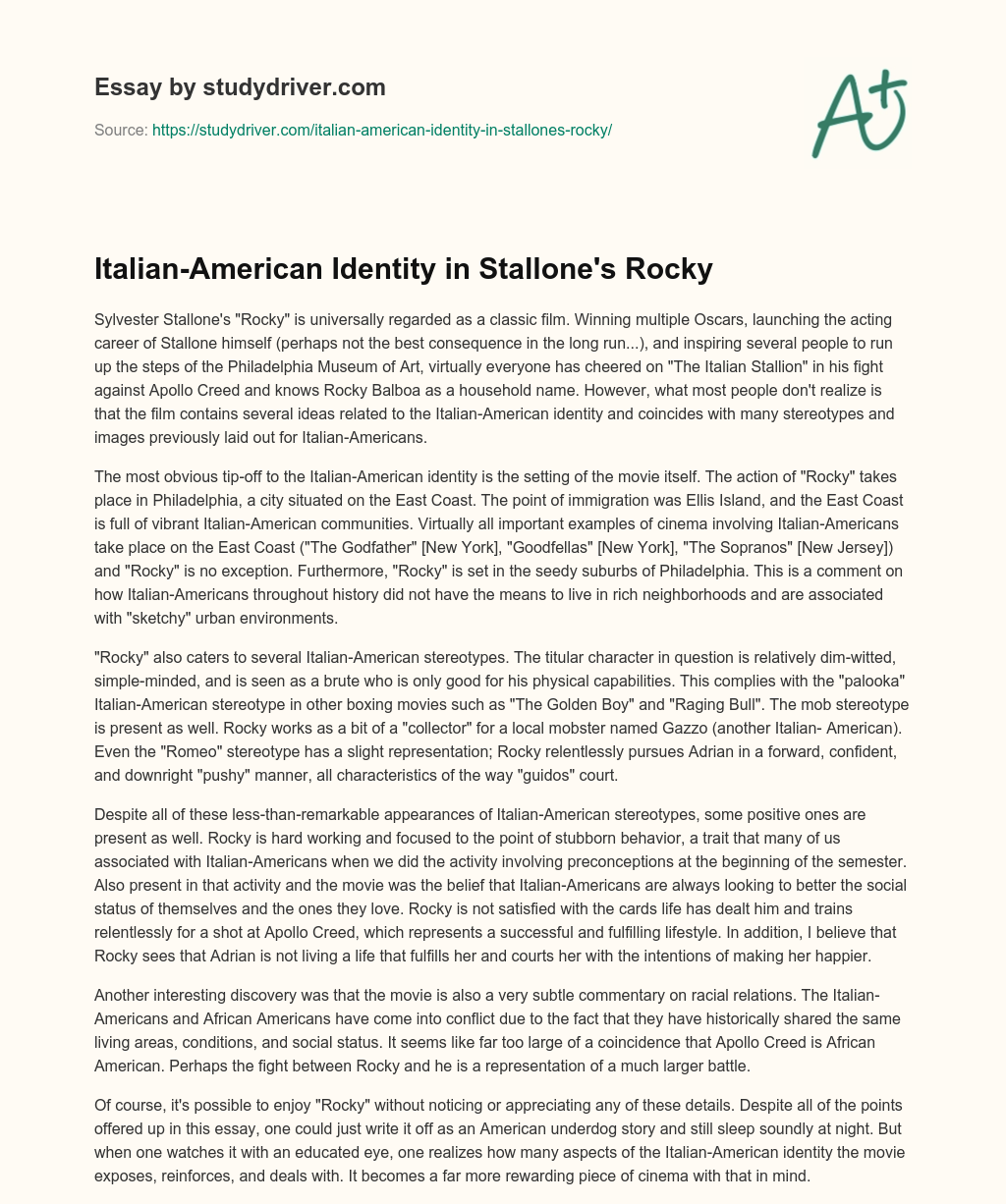 Italian-American Identity in Stallone’s Rocky essay