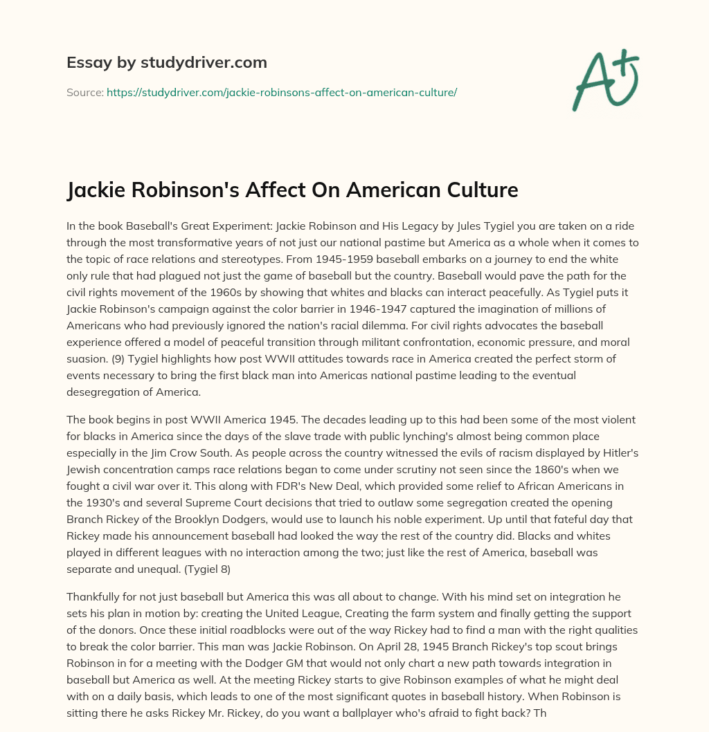 Jackie Robinson’s Affect on American Culture essay