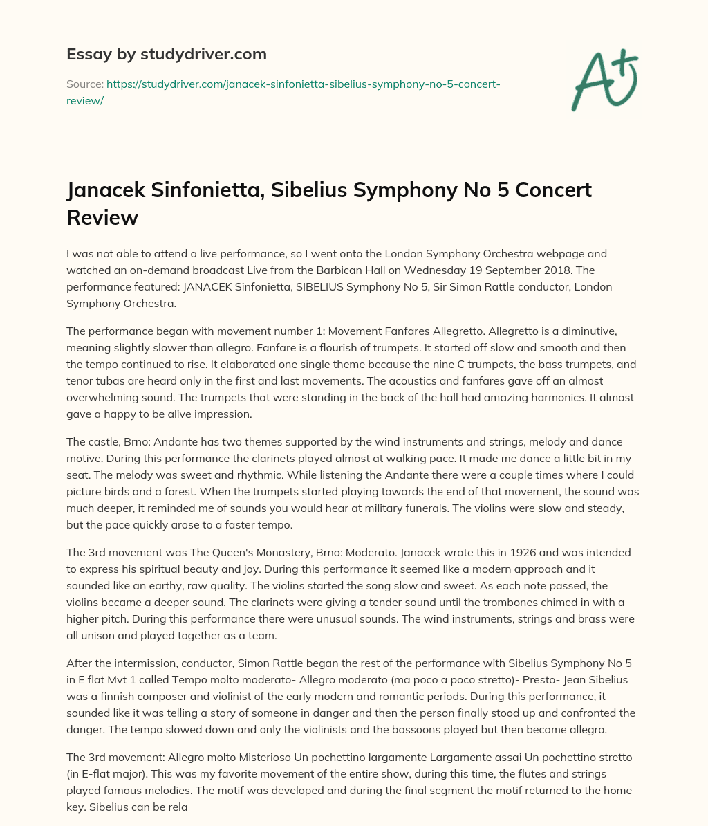 Janacek Sinfonietta, Sibelius Symphony no 5 Concert Review essay