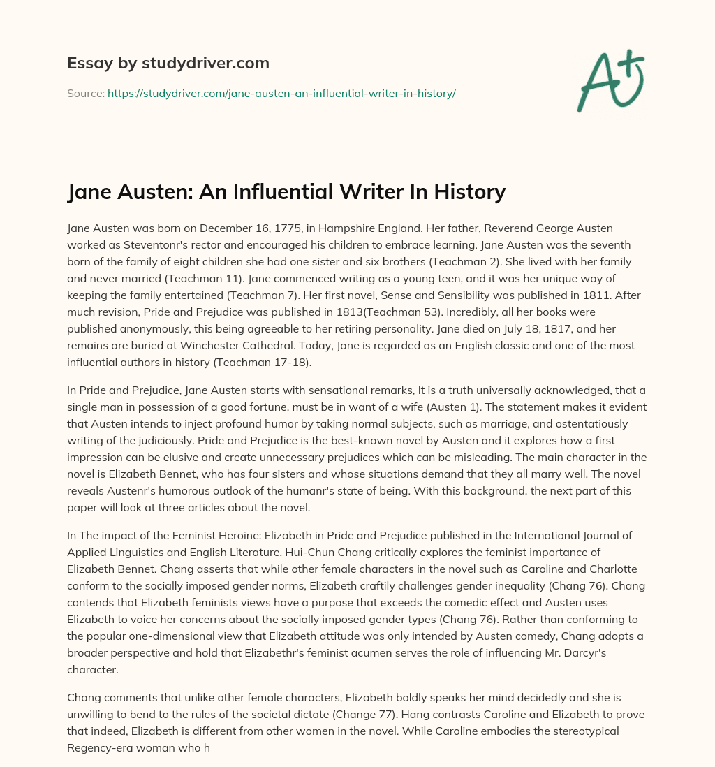 Jane Austen: an Influential Writer in History essay