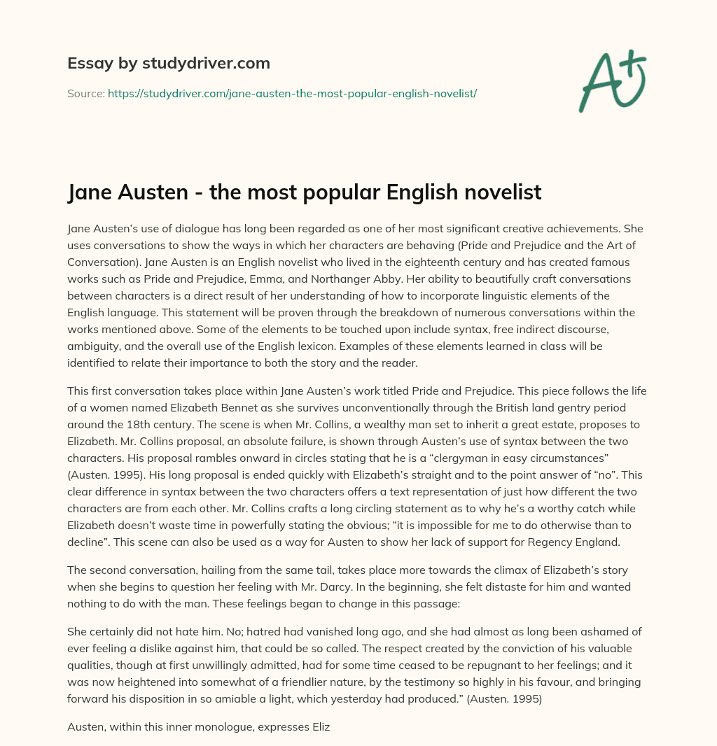 Jane Austen – the most Popular English Novelist essay