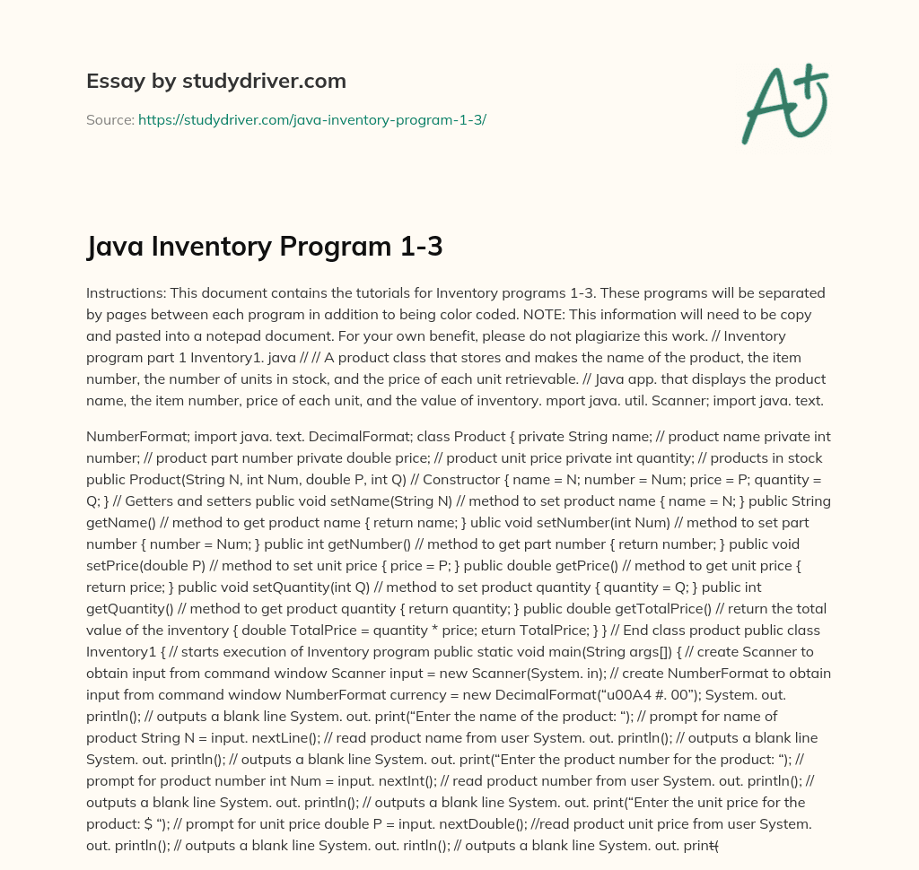 Java Inventory Program 1-3 essay